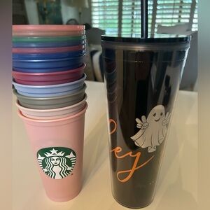 Starbucks Cups set of 6 plastic cups with lids plus NEW TUMBLER WITH LID